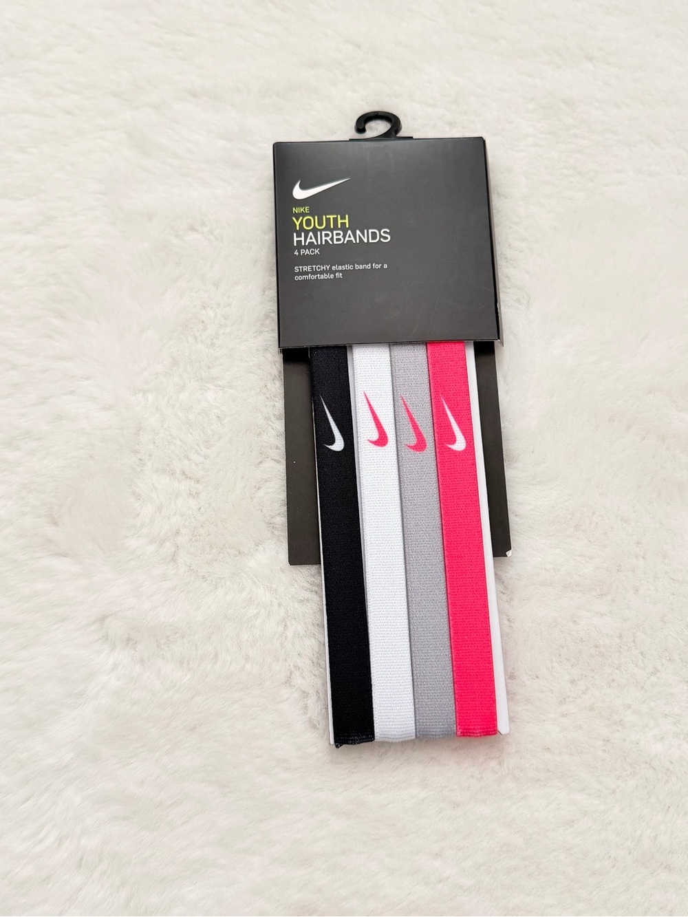Nike Youth 4-Pack Elastic Hairbands — Black, White, Gray, Hot Pink